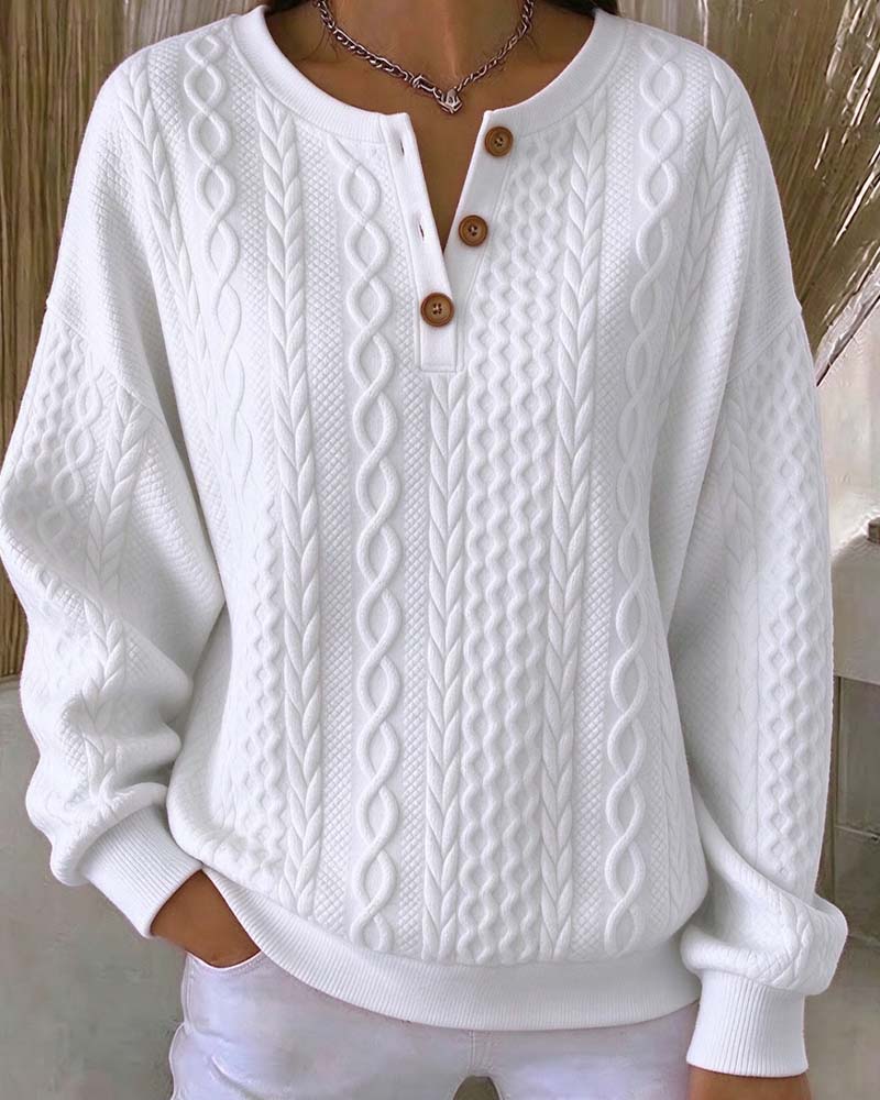 Sweatshirt V-Hals Knappet Flette Ensfarget