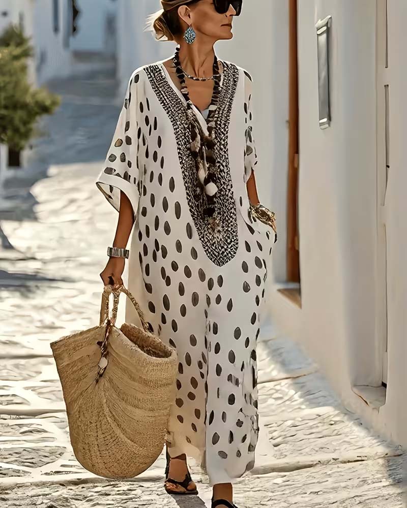 Kjole V-Hals Prikket Resort Trykk