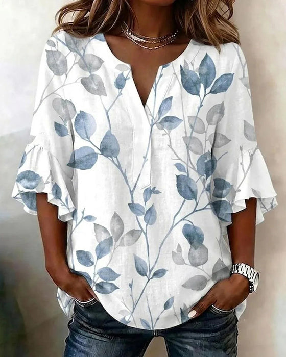 Bluse Flutter Flare Erme Blad Trykk