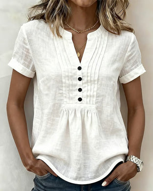 Bluse Kortsermet Plissert Halv Stolpe Bomull Og Lin V-Utringning