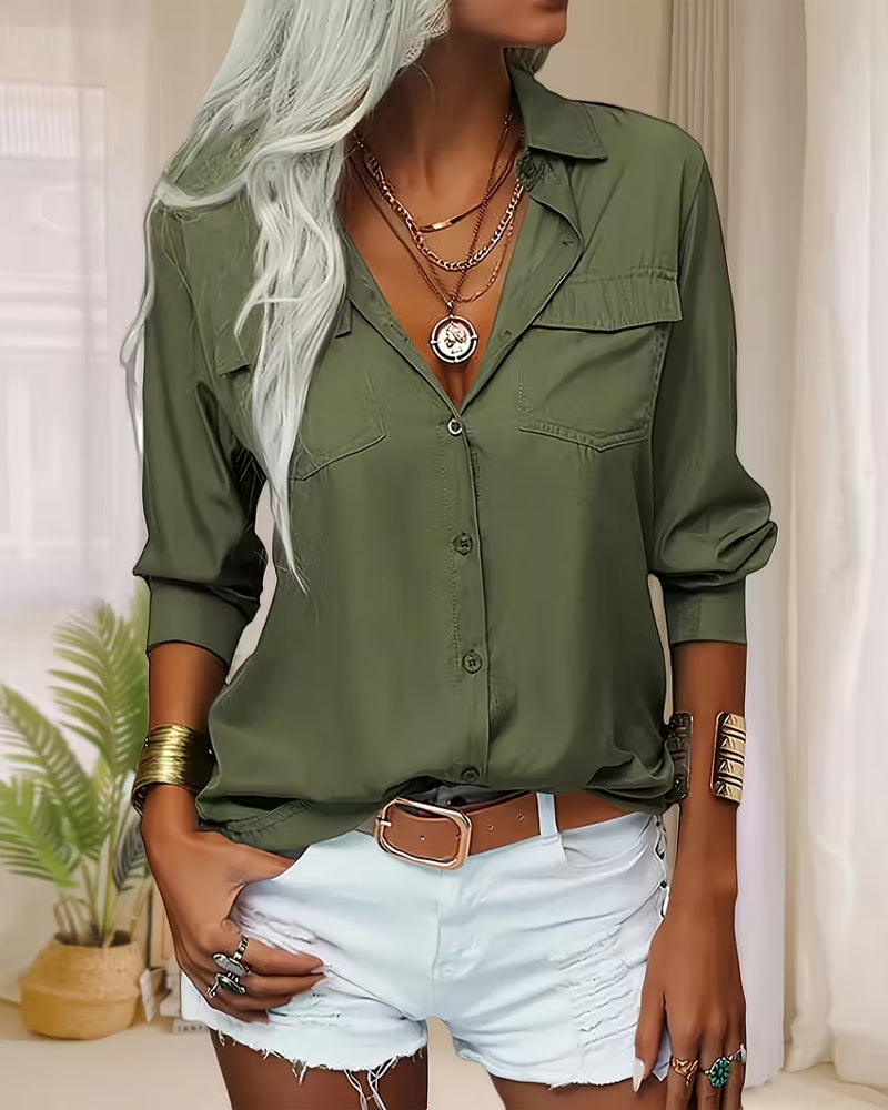 Kvinne Skjorte Med Dobbel Lomme Detalj, Enfarget Design