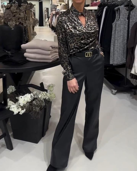 Skjorte Stilfull Leopardtrykk Med Drapert Krage