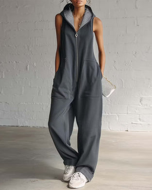Ensfarget Jumpsuit Med Hette Og Lomme