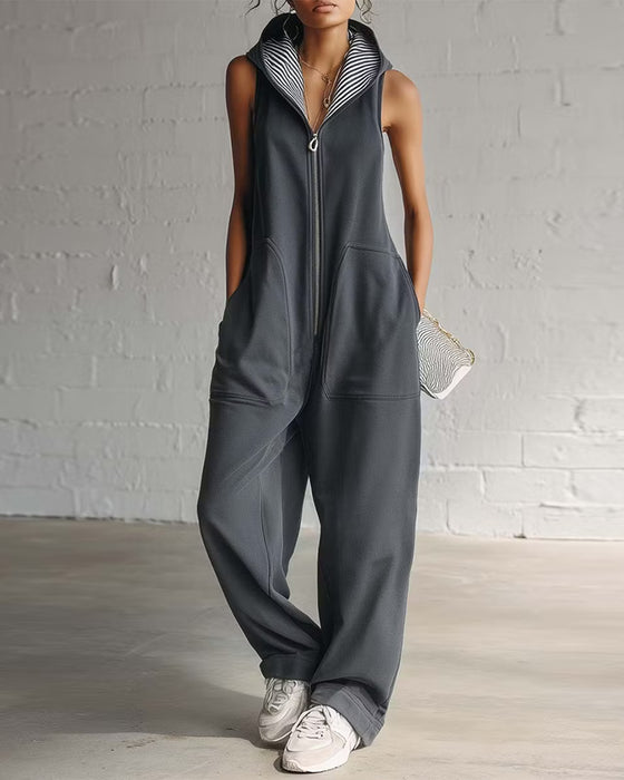 Ensfarget Jumpsuit Med Hette Og Lomme