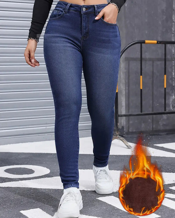 Jeans Dame Fleeceforet Ensfarget Lomme