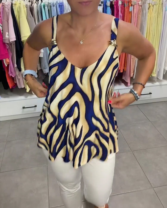Bluse V-Hals Stroppet Zebra Trykk Metallknapp