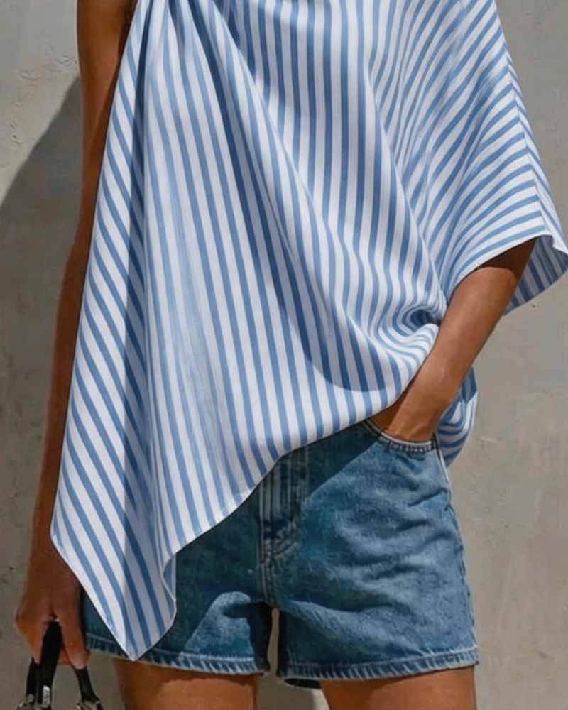 Bluse Stripet Løs Asymmetrisk Design