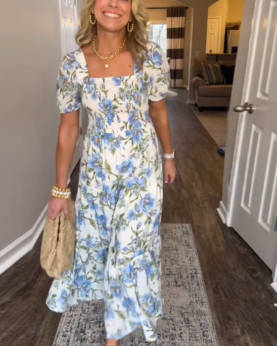 Kjole Firkantet Utringning Plissert Blomstret A-Linje