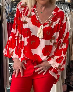 Bluse Stor Blomstret Knyting V-Hals