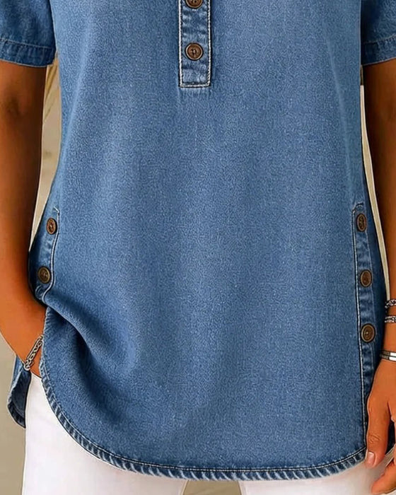 Topp Knepp-Front Denim Kort Erme