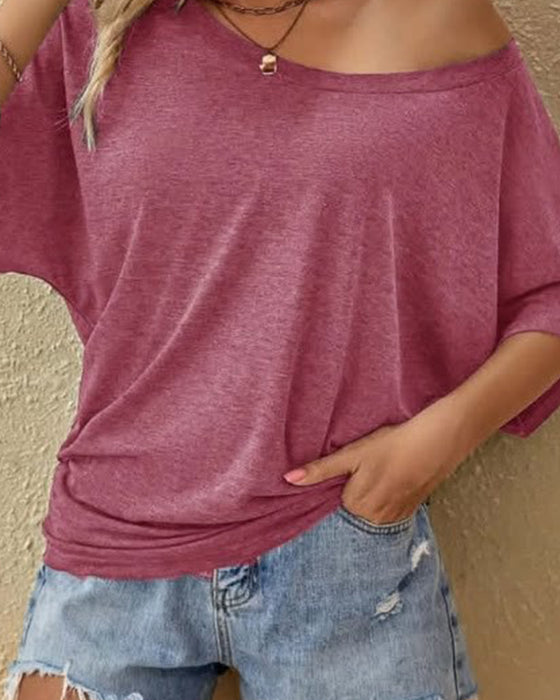 T-Shirt Ensfarget Løstsittende Flaggermuserm