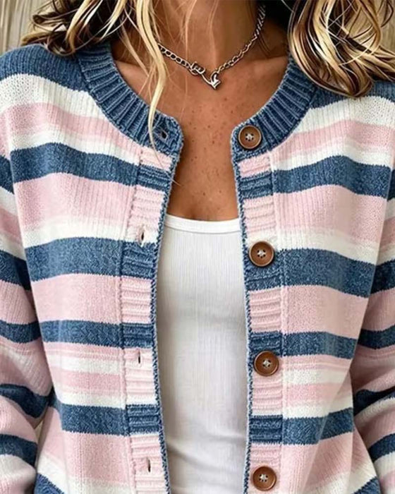 Cardigan Stripet Rund Hals Enkeltspent