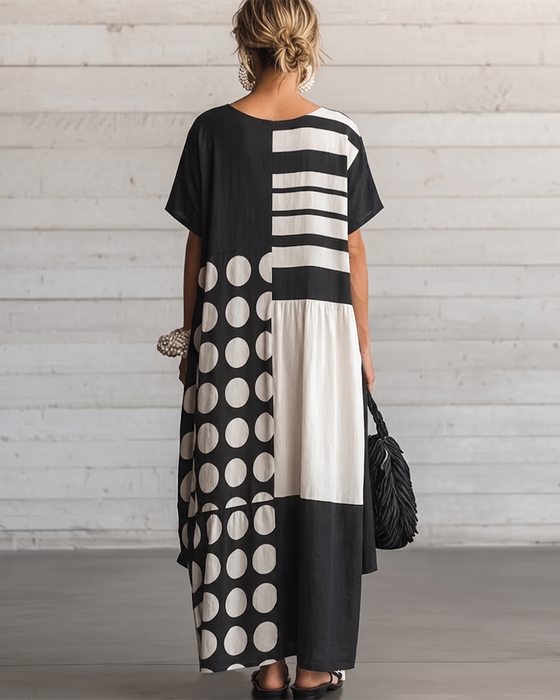 Kjole Rund Hals Kort Erme Prikket Patchwork