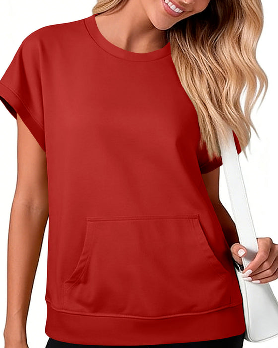 Bluse Forlomme Ensfarget Rund Hals