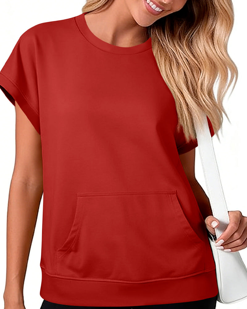 Bluse Forlomme Ensfarget Rund Hals