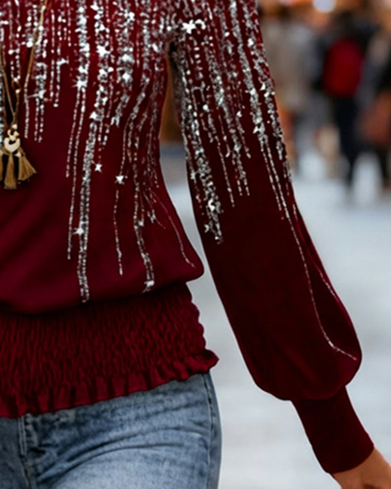 Stilfull Trykt Langermet Topp Med Rund Hals