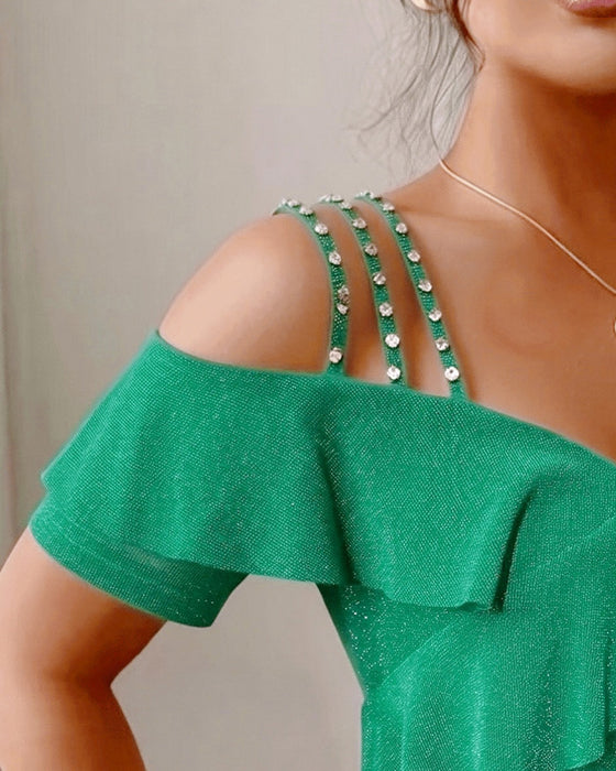 T-Skjorte Diamantstropper Rynket Off-Shoulder V-Hals
