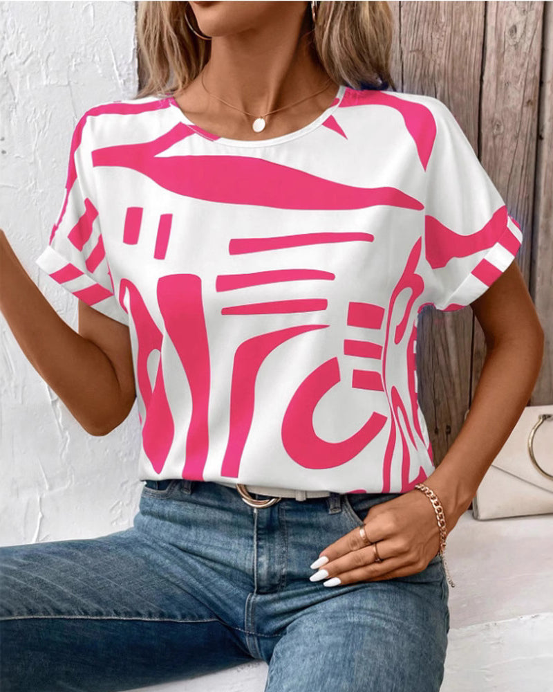 T-Shirt Rund Hals Kort Erme Geometrisk Trykk