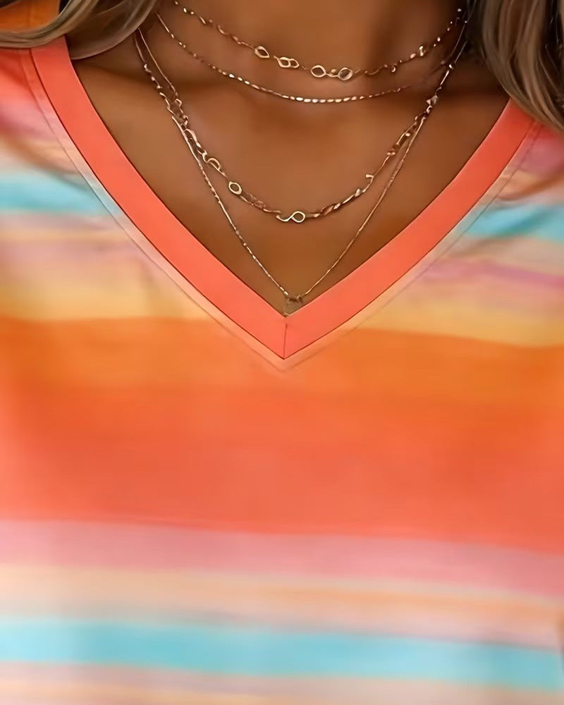 Sweatshirt Regnbue Ombre Horisontal Stripe V-Hals