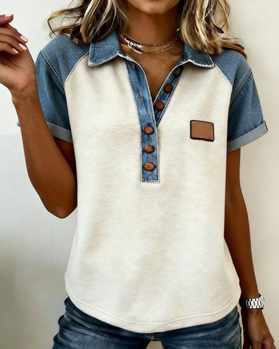 T-Skjorte Denim Farge Blokk Kort Erme