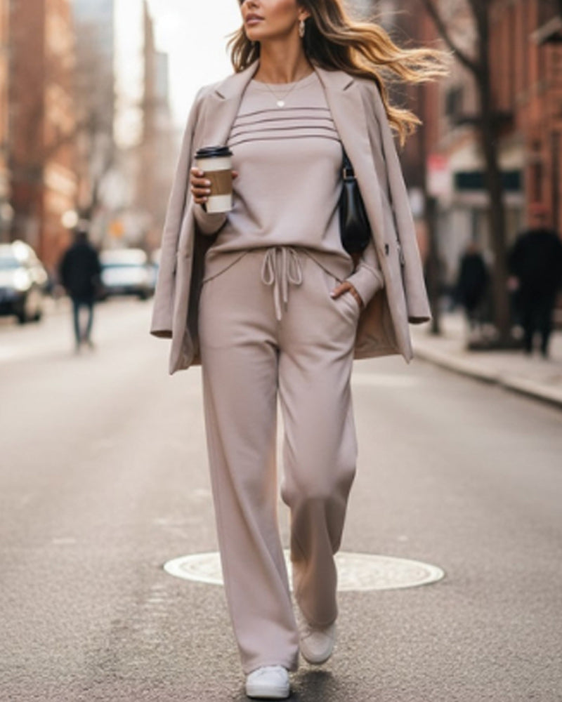 Sett Dames Rundhals Topp og Tettsittende Bukser med Snøring