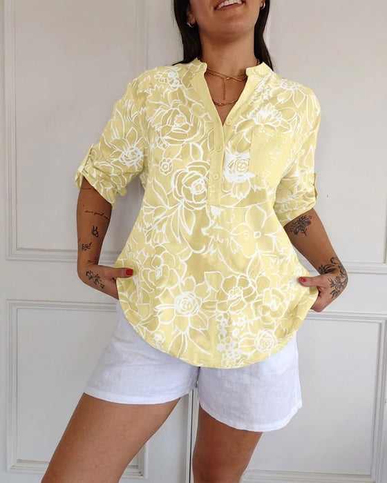 Bluse V-hals Knapper Nedtrykt