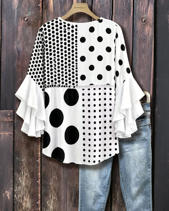 Bluse Blandet Prikket Patchwork Ruffle