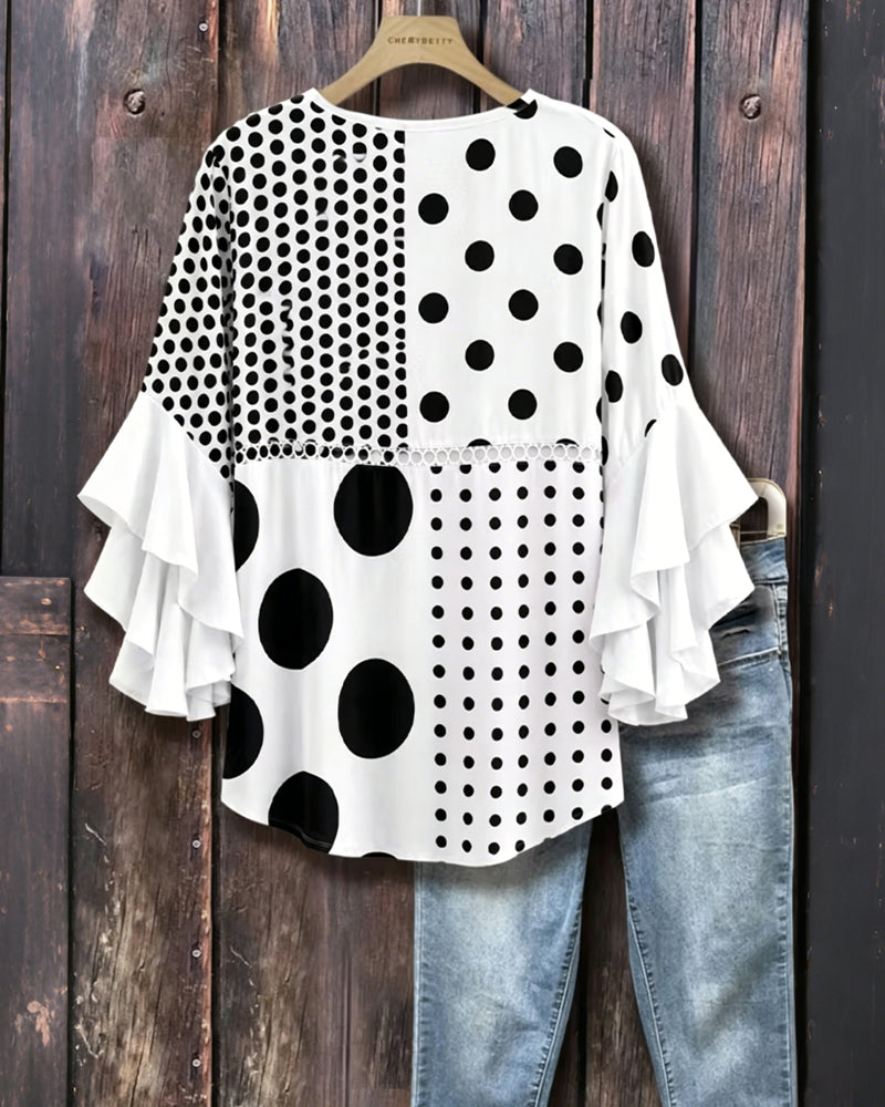 Bluse Blandet Prikket Patchwork Ruffle
