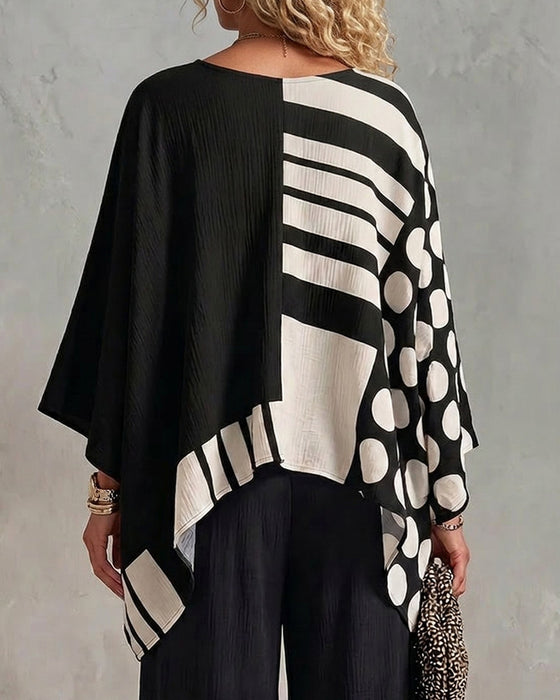 Bluse Polka Dot Stripe Patchwork V Hals
