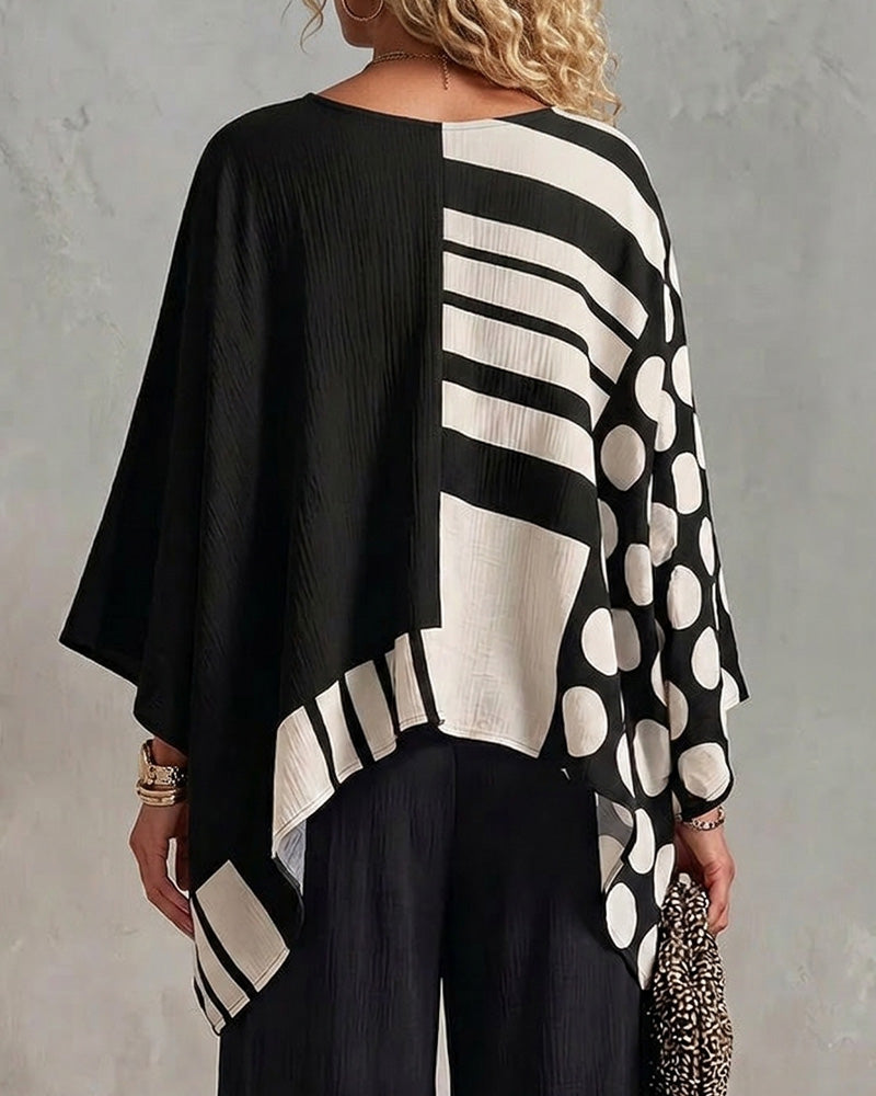 Bluse Polka Dot Stripe Patchwork V Hals