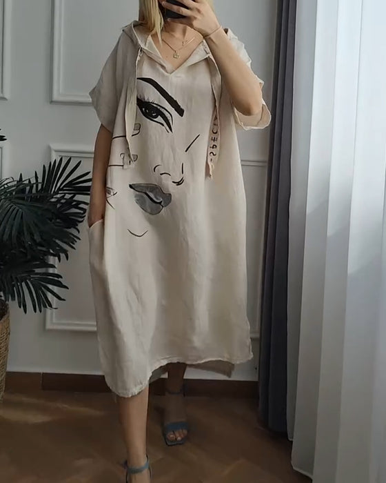 Kjole med Hette Mønstret Løs Passform