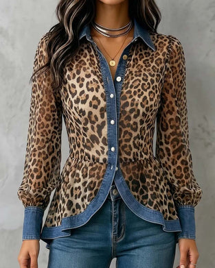 Bluse Denim Leopard Patchwork Midjekniping