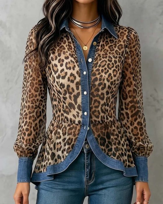 Bluse Denim Leopard Patchwork Midjekniping