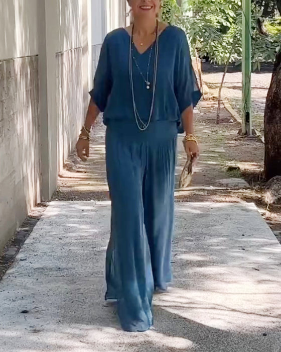 Ensfarget V-hals casual todelt dress