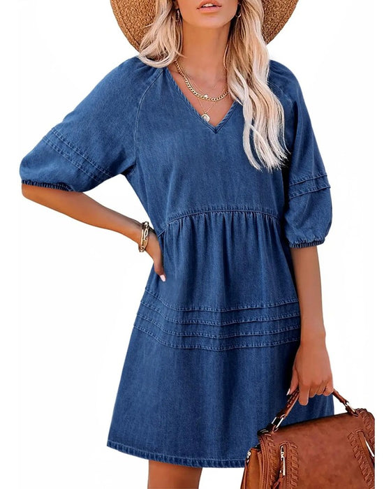 Kjoler Denim V-Hals Puff Erme