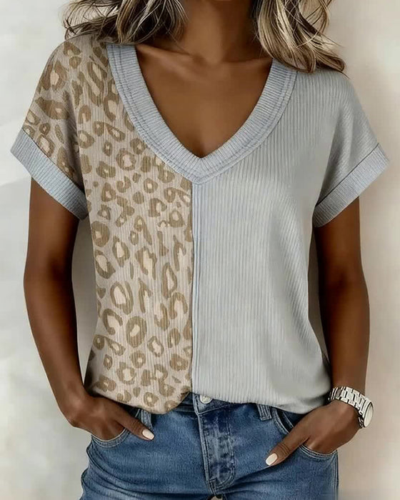 T-skjorte V-uttringning Fargeblokkering Leopardtrykk