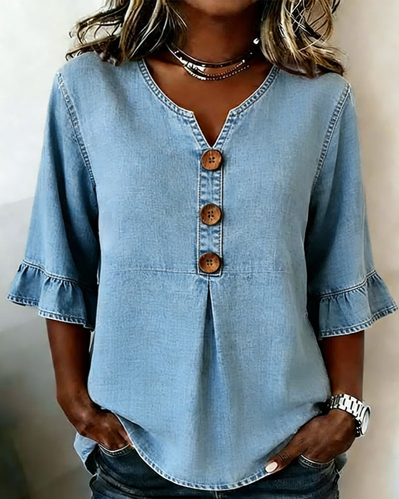 Bluse V-utringning Utsvinget Erm Denim