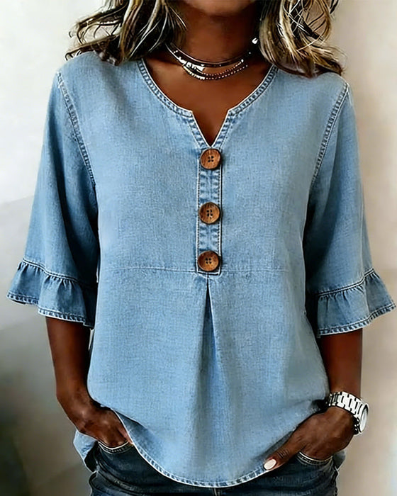 Bluse V-utringning Utsvinget Erm Denim