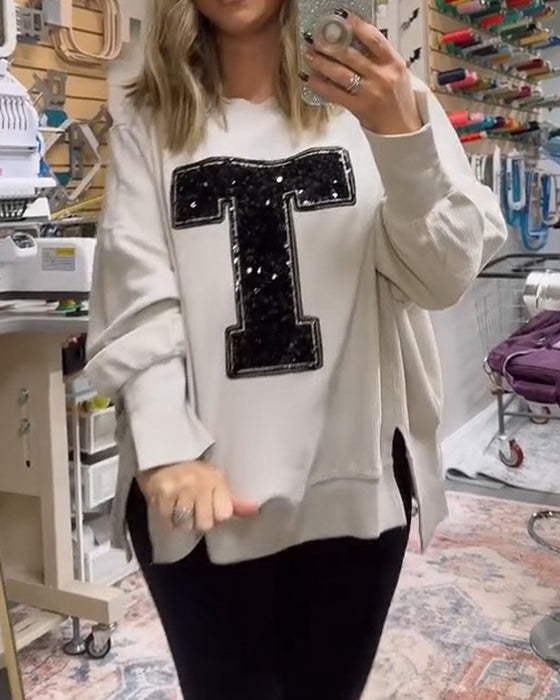 Sweatshirt T-Design Paljett Brodert Rund Hals