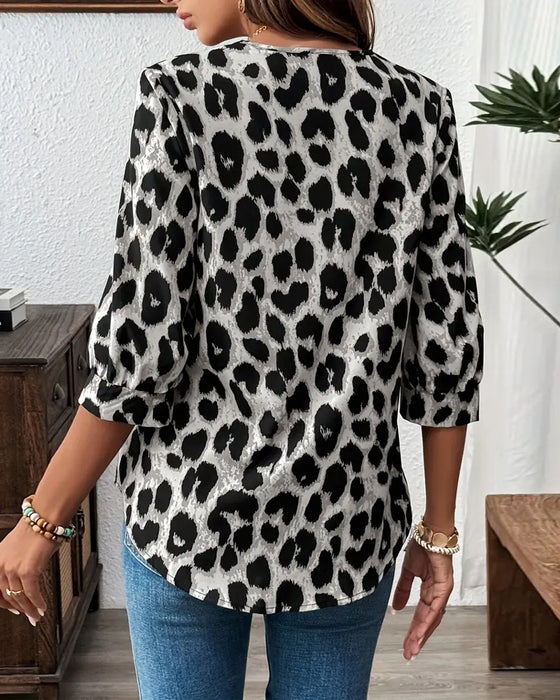 Bluse Halvlange Ermer Leopardprint Løs