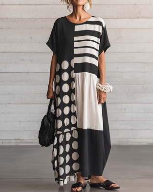 Kjole Rund Hals Kort Erme Prikket Patchwork