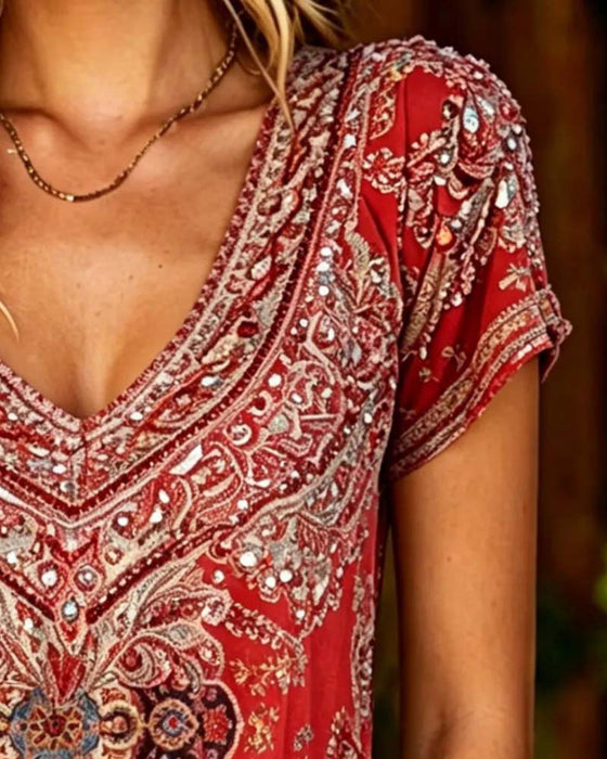 T-Shirt Boho V-Hals Trykt Kortarmet