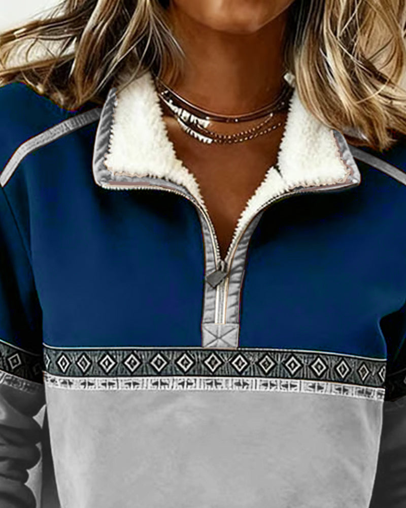 Retro Genser Med Fargeblokkering Og Pelskrage