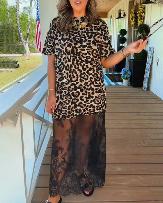 Kjole Stilig Kort Erm Leopard Trykk