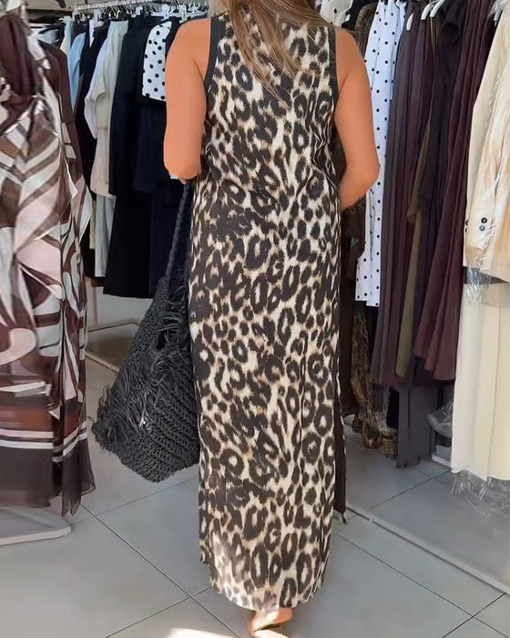 Kjole Rundhalset Leopardmønster Ermeløs Maxi