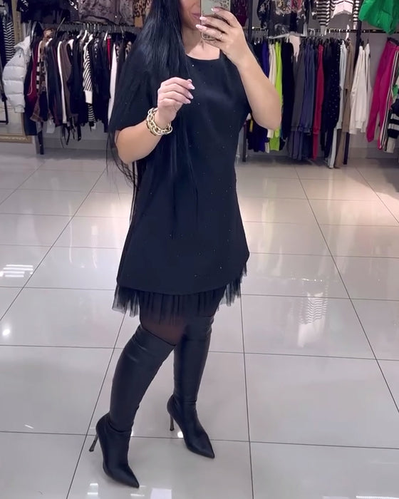 Kjole Med Kortermet Mesh-Skjørt Perlesøm