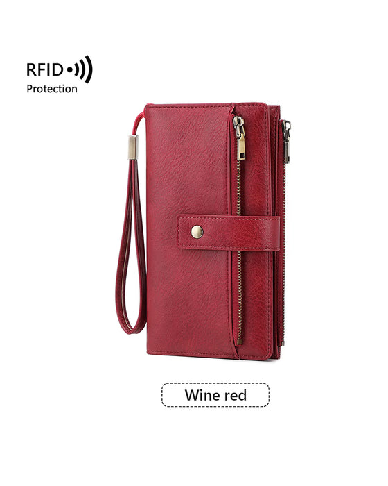 Dame lang lommebok, stilig clutch, elegant ensfarget lærlommebok med RFID-blokkering👛