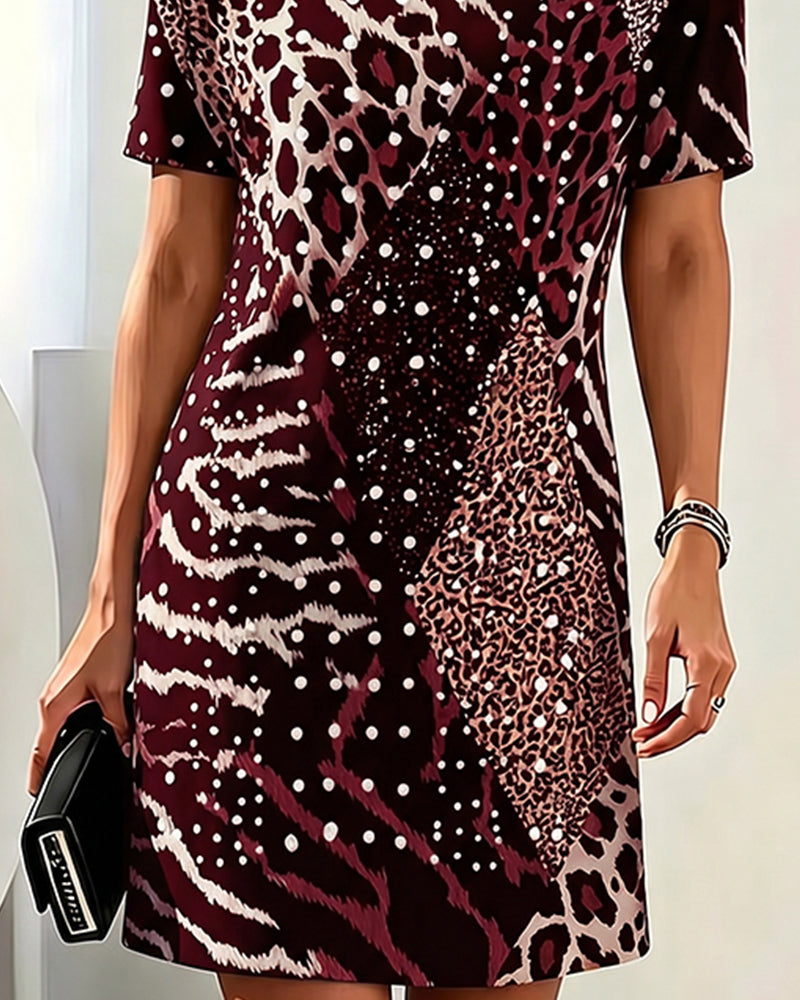 Kjole Leopardmønster Rundhalset Kortermet Patchwork
