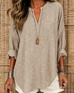 Topp V-Hals Stripe Uregelmessig Lang Erme