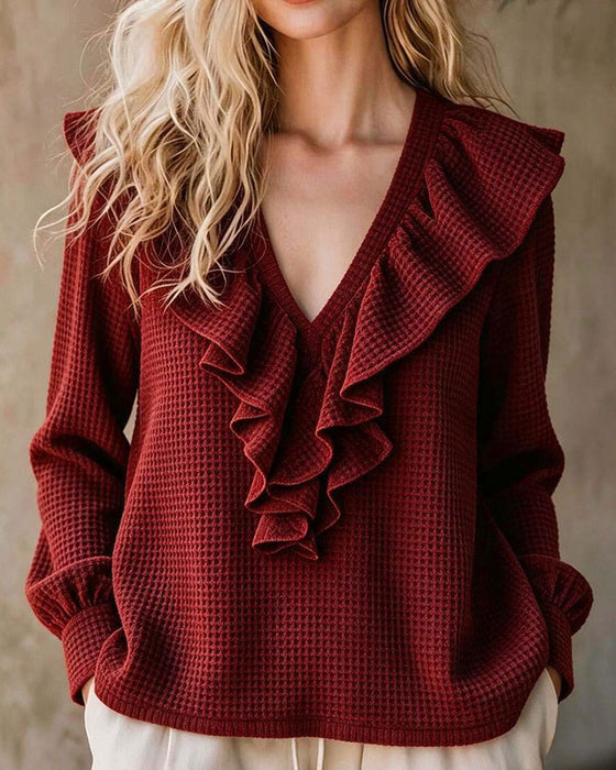 Bluse Vaffelstrikk V-Hals Ruffle